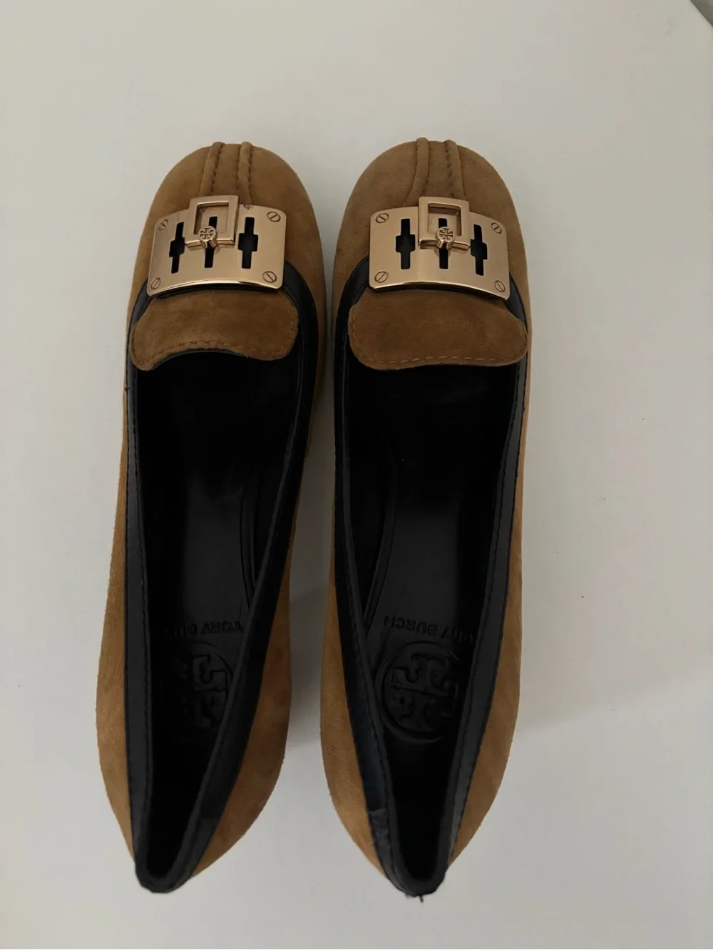 Tory Burch Brown Suede Flats with Gold Tone Buckle